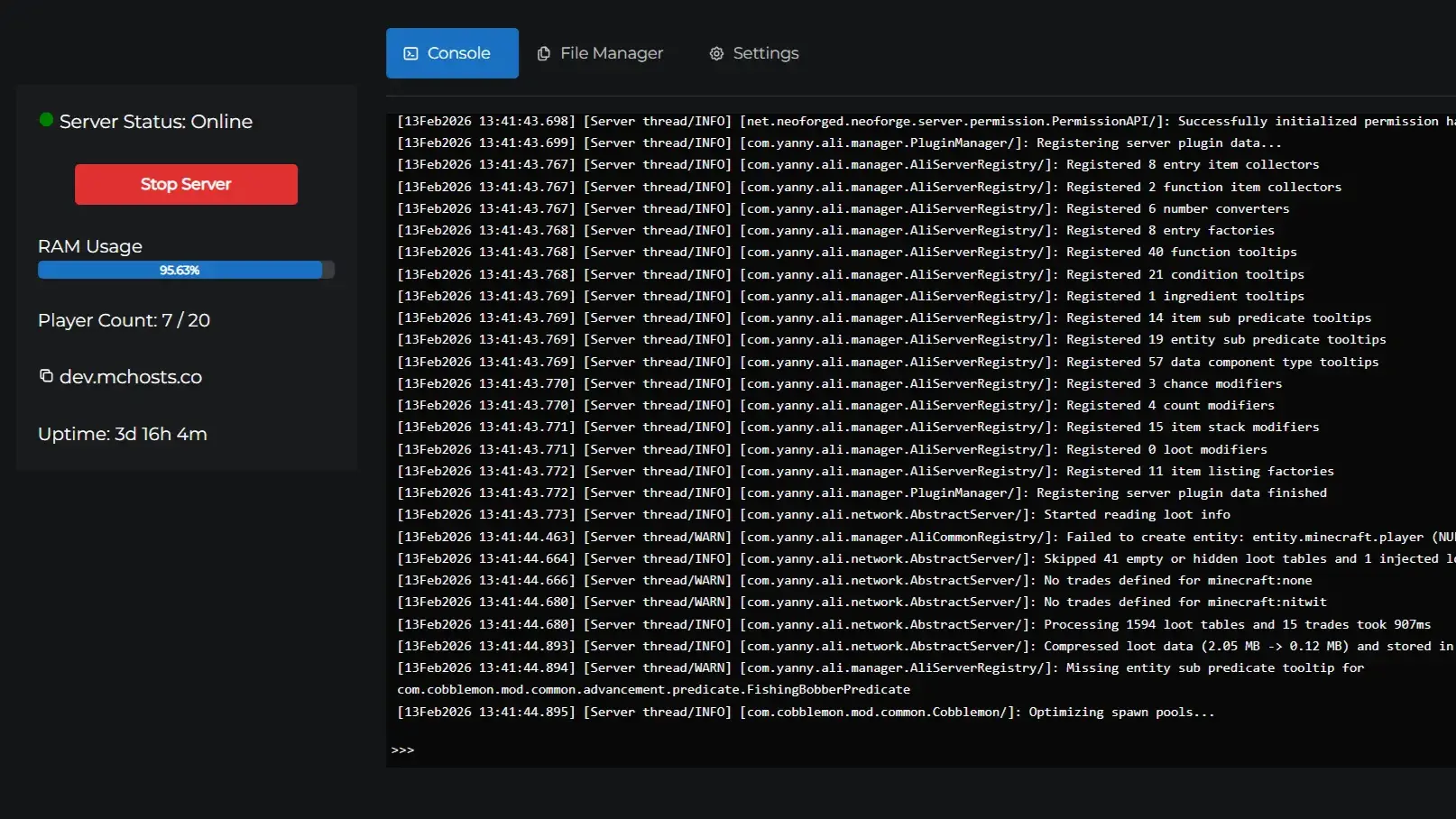 Server Control Panel Interface