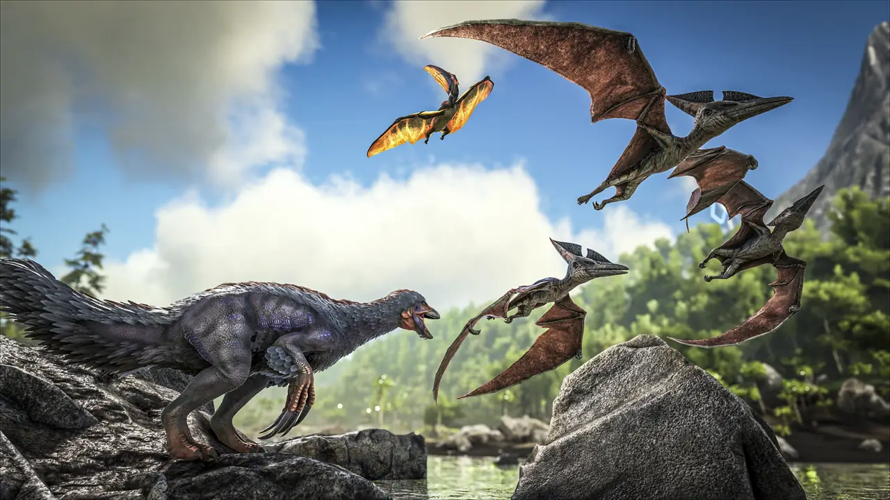 Pteranodons over an ARK landscape