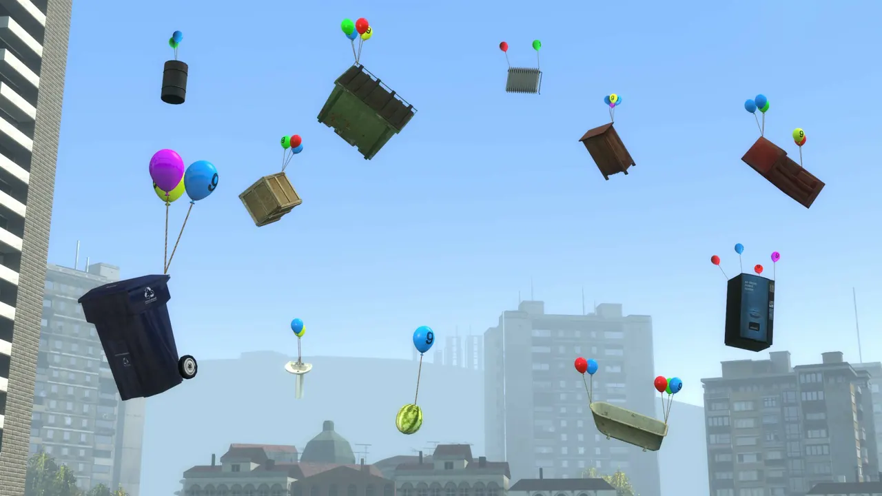 Props floating over a city in Garry's Mod