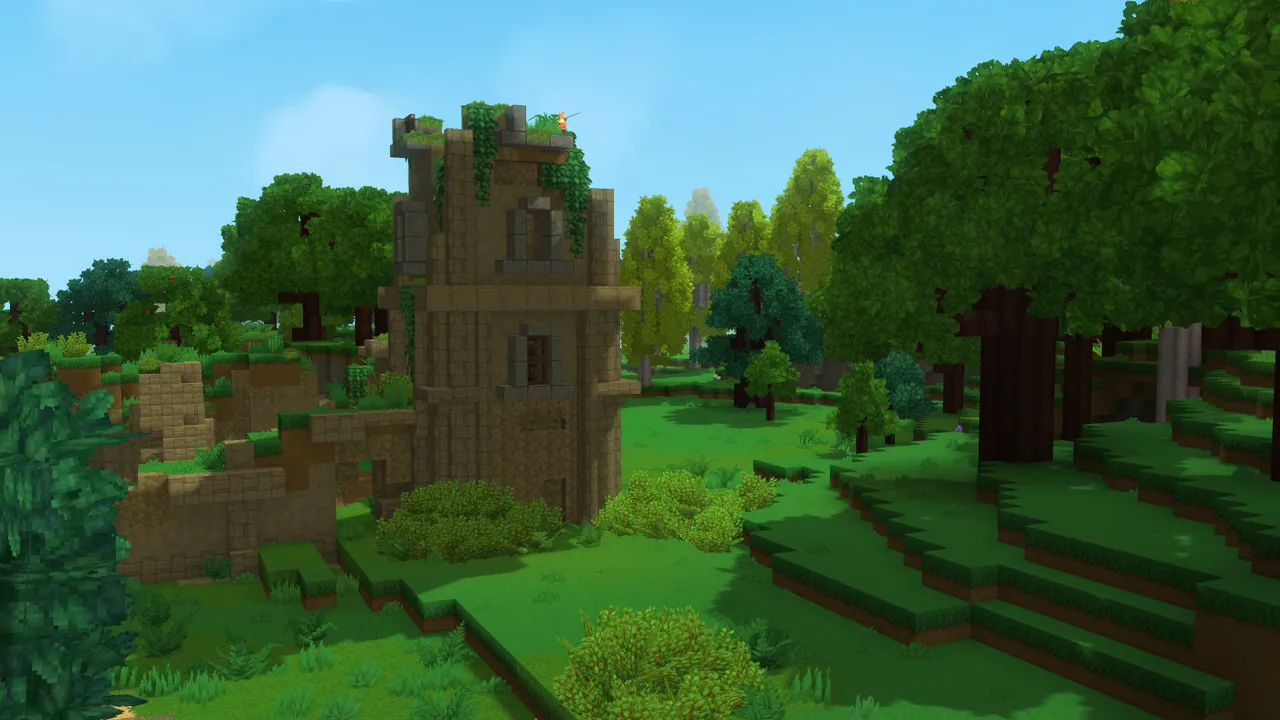 A stone tower in a Hytale forest