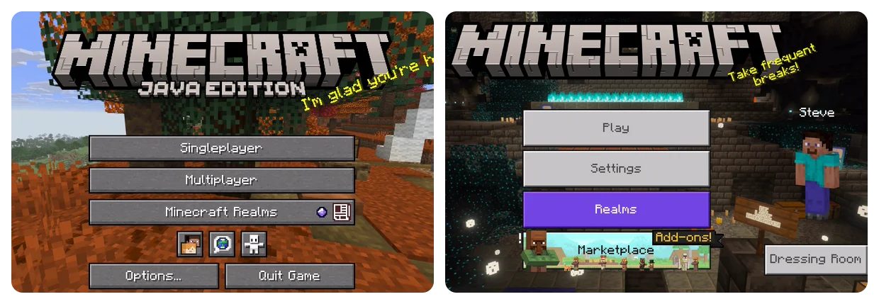 The Minecraft Java Edition title screen beside the Bedrock Edition title screen, which has a Marketplace button