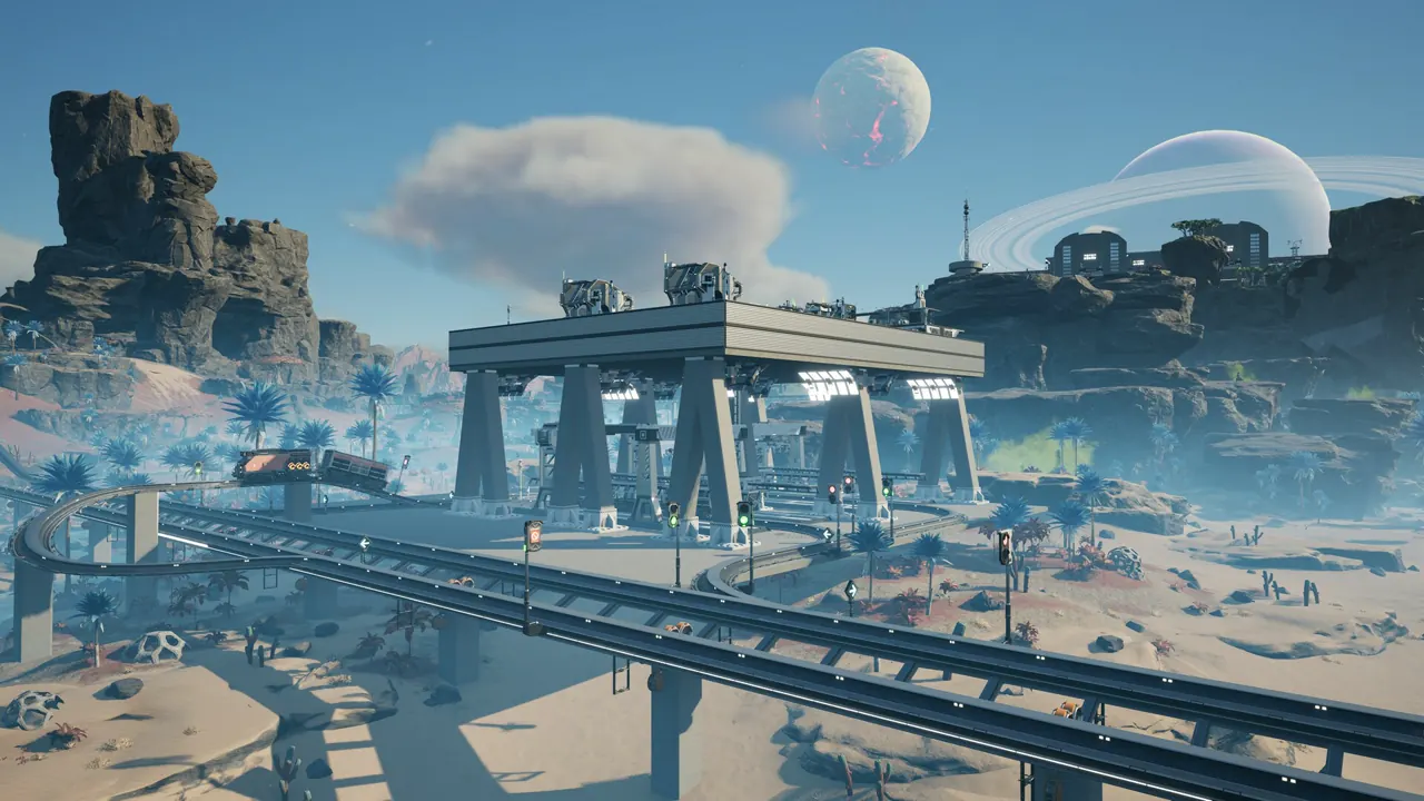 A rail line over a Satisfactory desert