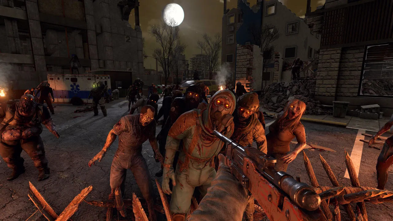 A zombie horde pressing against a spiked barricade under a full moon in 7 Days to Die