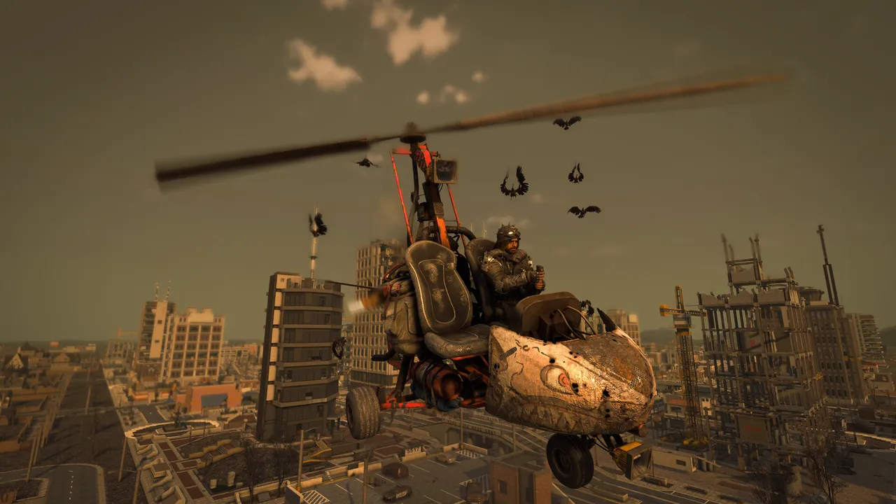 A gyrocopter flying over a ruined city in 7 Days to Die