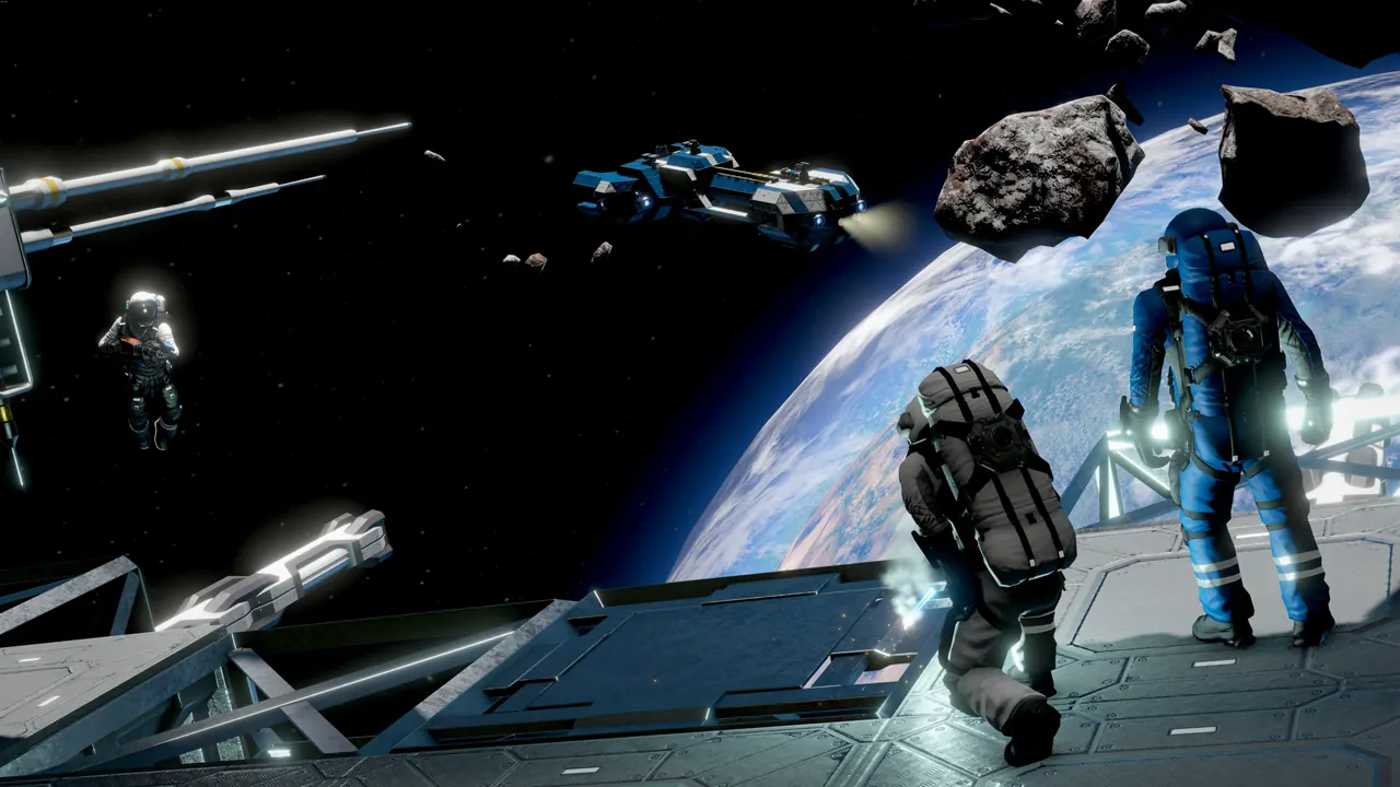 Engineers on a platform above a planet