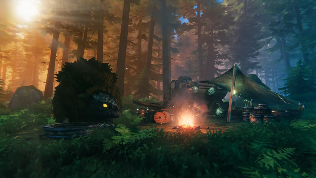 A camp in a Valheim forest at dusk